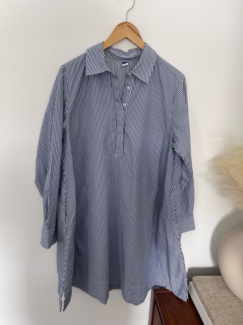 Old Navy Navy and White Vertical Stripe Midi Shirt Dress